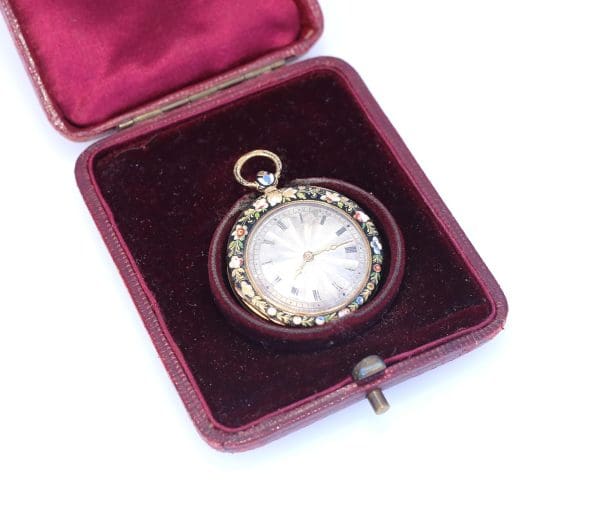 Ladies Pocket Watch Pendant Le Roy Enamel Gold French Original Case 1890 3