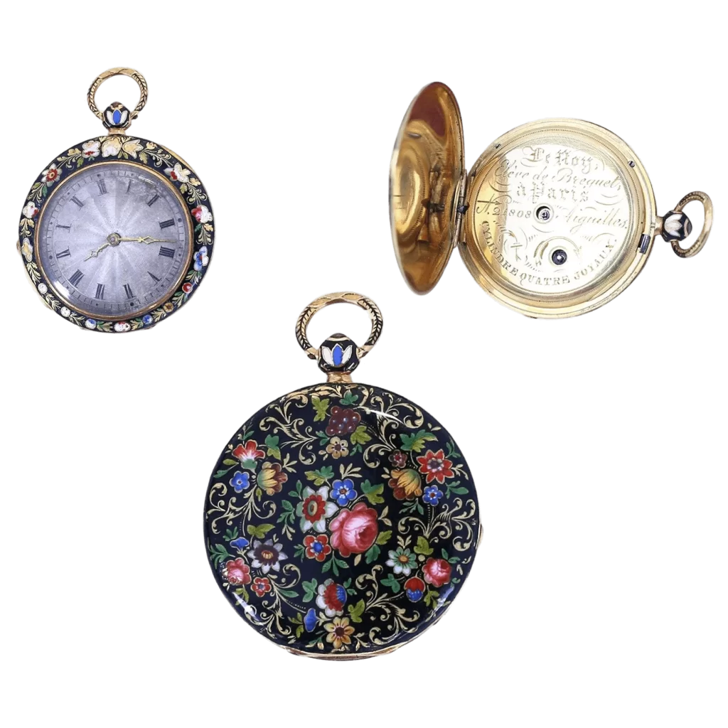 探索女士古董怀表的世界(Ladies Fob Watches)4 - WatchMuseum.org 女士怀表吊坠 Le Roy 珐琅金色法国原装表壳 1890 年 1 变形