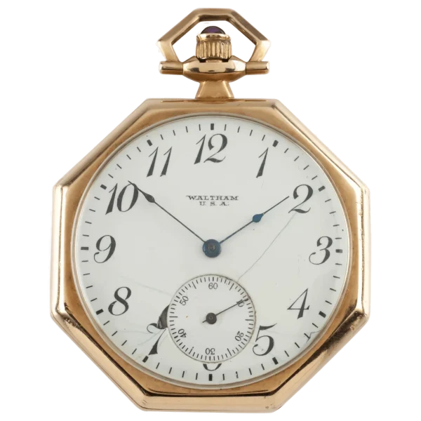 Waltham Octagon Antique 14 Karat Open Face Pocket Watch Gr 225 17 Jewel 1 transformed
