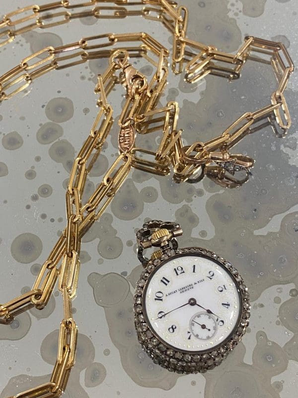 A. Golay Leresche and Fils Geneva Victorian Diamond Watch Gold Chain Pendant 10