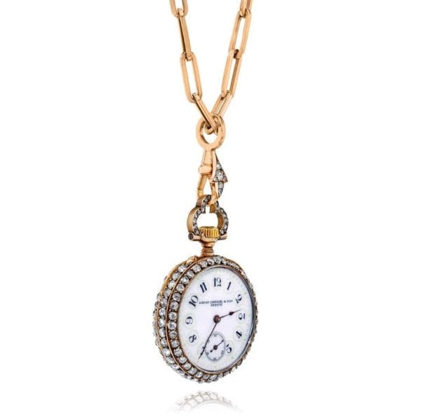 A. Golay Leresche and Fils Geneva Victorian Diamond Watch Gold Chain Pendant 2