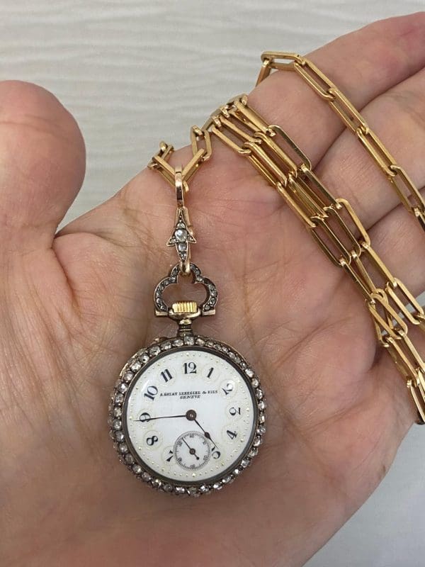 A. Golay Leresche and Fils Geneva Victorian Diamond Watch Gold Chain Pendant 5