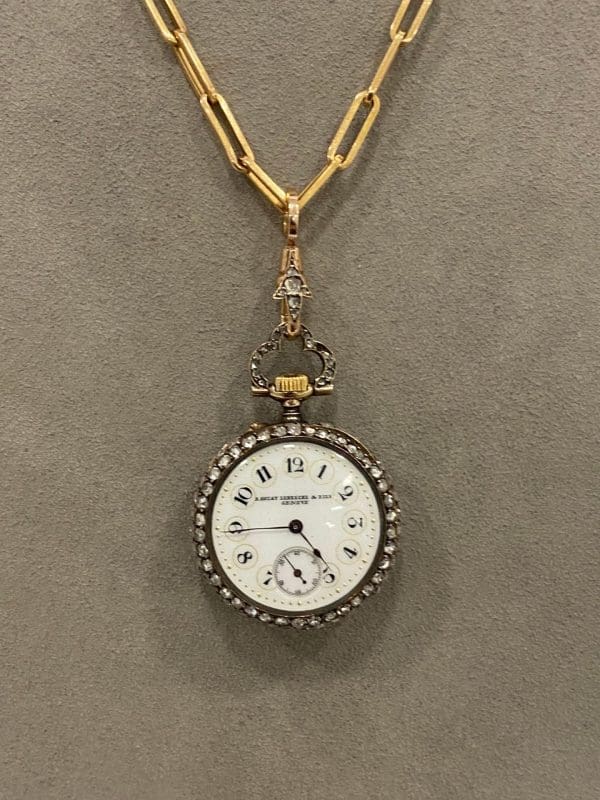 A. Golay Leresche and Fils Geneva Victorian Diamond Watch Gold Chain Pendant 6