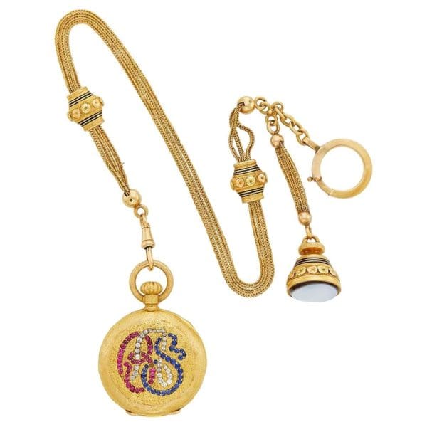 Антикварные французские полуохотничьи карманные часы из 18-каратного золота с агатом, брелок 4