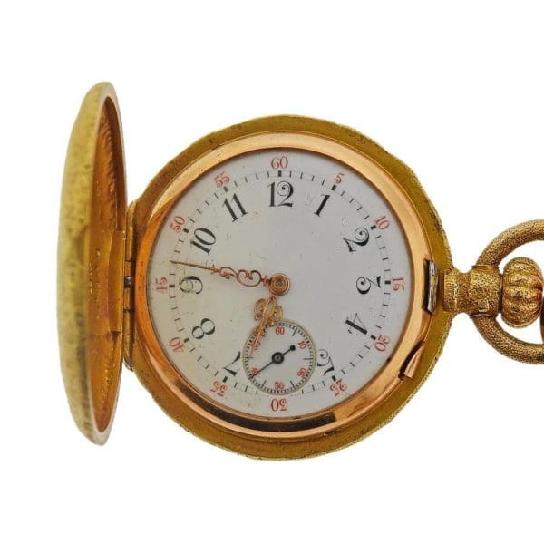Антикварные французские карманные часы из полуохотничьего золота 18 карат с агатом, брелок 8