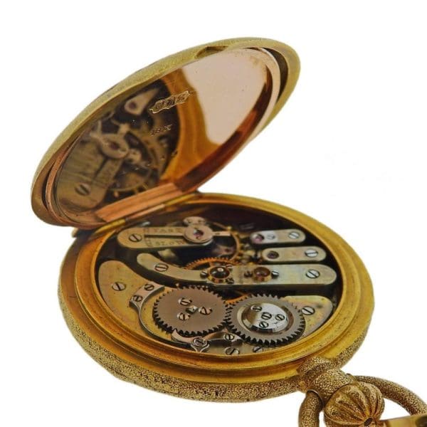 Антикварные французские карманные часы из полуохотничьего золота 18 карат с агатом, брелок 9